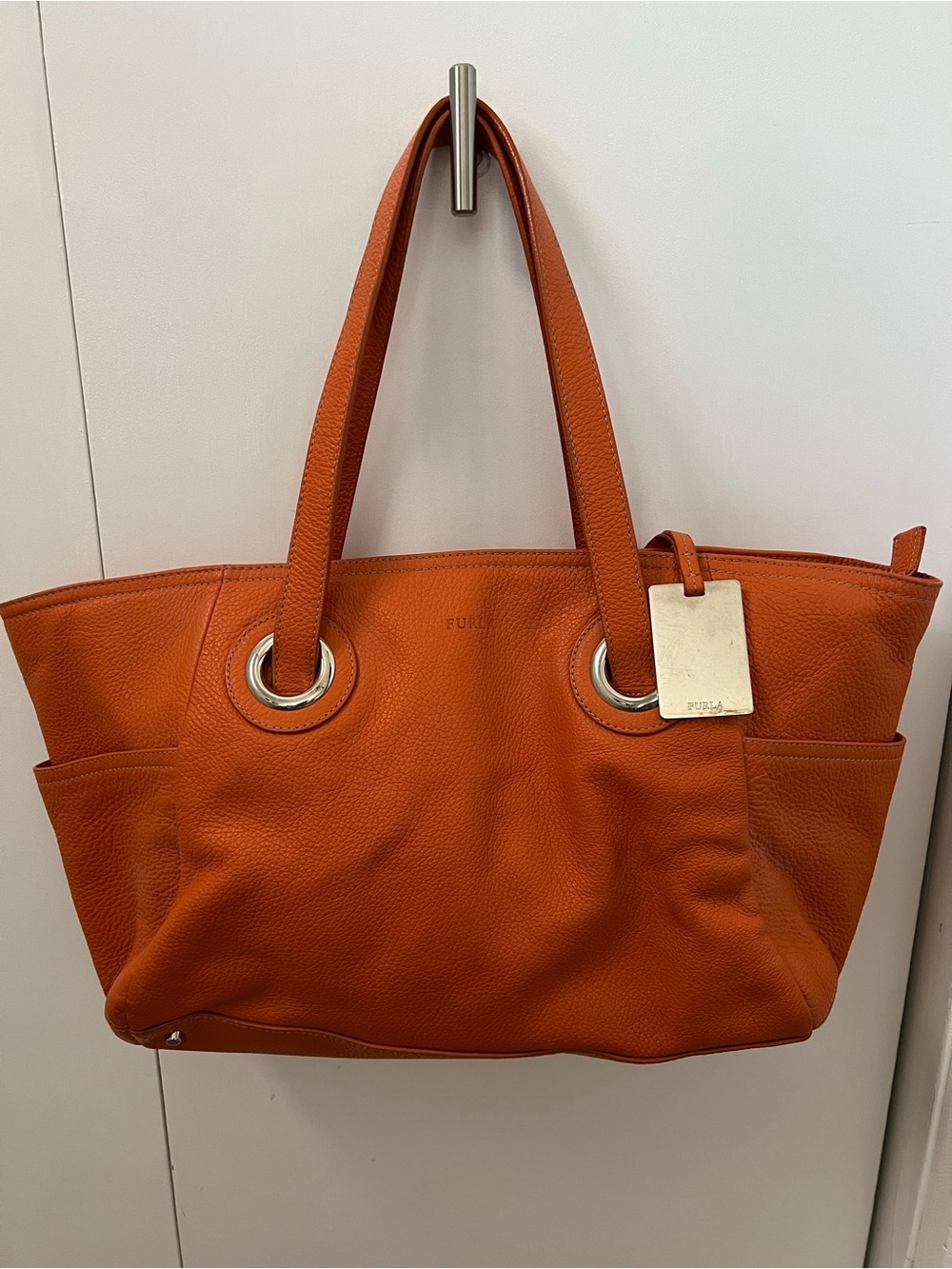 Furla Orange Pebbled Leather Tote with Silver Hardware